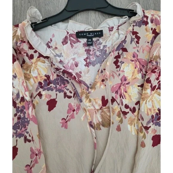 Como Black Woman 2X Floral Tie Neck Blouse Long Sleeve Rayon Beige - Picture 5 of 12